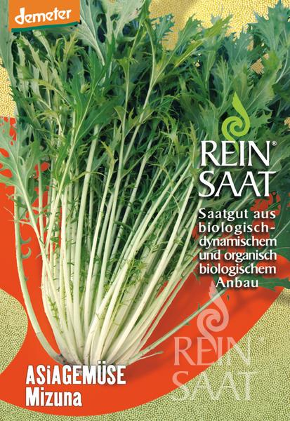 Eine Samenpackung von Reinsaat - Asiagemüse 'Mizuna' zeigt frische, gezackte grüne Blätter. Der Text umfasst "REIN SAAT", "Saatgut aus biologisch-dynamischem und organisch biologischem Anbau" und "frostharte Asiagemüse Mizuna".