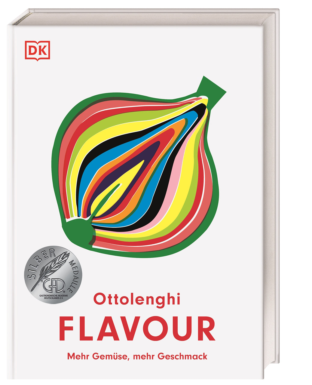 Das Cover von Flavour aus dem DK Verlag zeigt eine stilisierte, mehrfarbige Zwiebelillingsillustration, eine silberne Medaille und einen roten Text: Mehr Gemüse, mehr Geschmack - perfekt für vegetarische Rezepte.