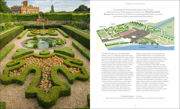Ein formaler Garten mit Hecken, geformten Blumenbeeten, einem runden Teich und einem historischen Backsteingebäude; daneben liegt eine Seite aus "Royale Gärten" vom Prestel Verlag mit deutschem Text und einem illustrierten Gutsplan.