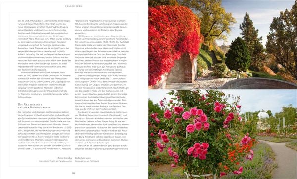 Eine Doppelseite aus dem Buch "Royale Gärten" des Prestel Verlags zeigt auf der linken Seite den Text, während die rechte Seite einen Gartenweg mit roten und grünen Pflanzen und blühenden rosa Rosen zeigt, die die Eleganz königlicher Gärten einfangen.