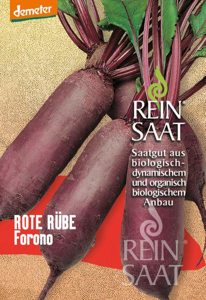 Auf einer Reinsaat-Samenpackung mit der Aufschrift „ReinSaat – Rote Rübe ‚Forno‘“ sind drei längliche Rote Rüben mit Blattwerk abgebildet, die deutsche Angaben zu festem Fruchtfleisch und biologisch-dynamischem, organischem Anbau enthalten.