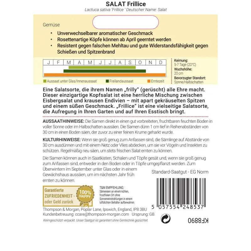 Rückseite der Saatgutpackung von Salat 'Frillice' von Thompson&Morgan mit deutschem Text, Anbauanleitung, Pflanzkalender, Sorteninformationen und Barcode; mit hervorgehobenen Abschnitten. Perfekt für Eisbergsalat-Fans und Sammler von Salatsamen.