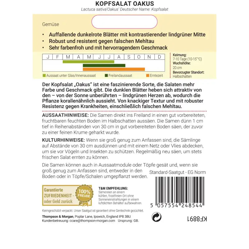 Rückseite einer Thompson&Morgan Kopfsalat 'Oakus' Saatgutpackung mit deutscher Pflanz-/Pflegeanleitung, Aussaatkalender, Beilagensalat-Angaben und einem Strichcode unten rechts.
