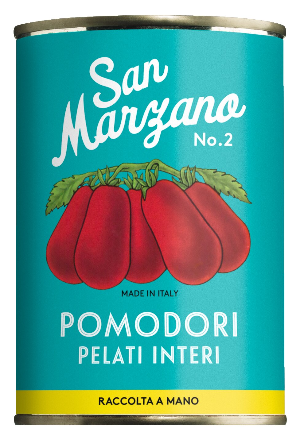 Eine Dose San Marzano Tomaten "Vintage" - La Marzanella von der Königlichen Gartenakademie, die rote Tomaten mit grünen Blättern auf einem blaugrünen Hintergrund und italienischem Text zeigt, unterstreicht den authentischen Geschmack der ganzen, geschälten Tomaten aus Kampanien.