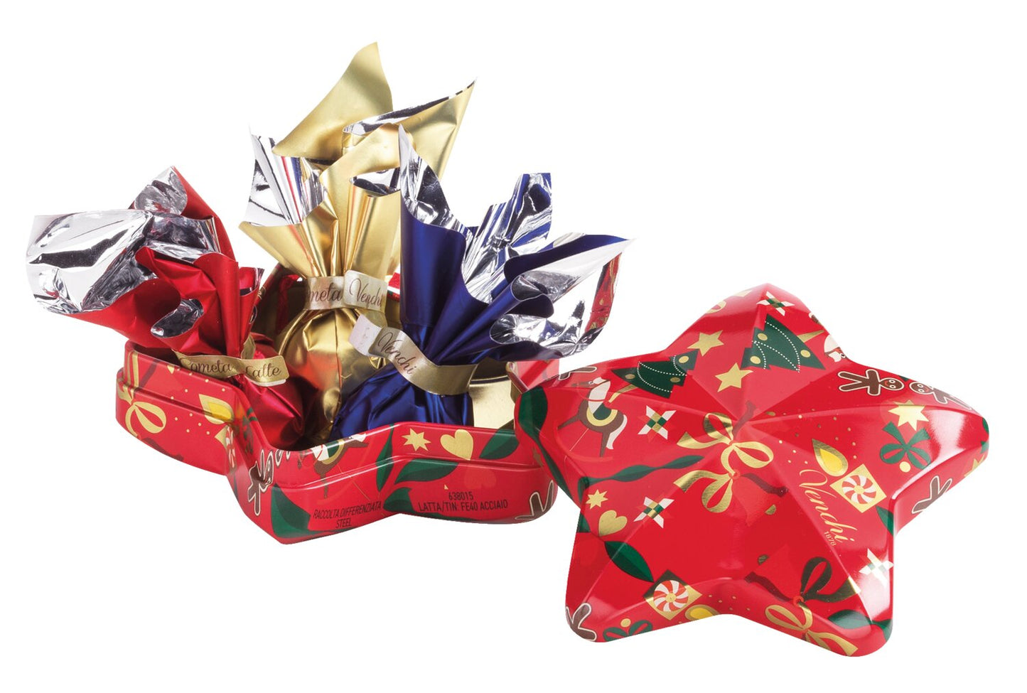 Die Venchi Stern-Geschenkdose aus Metall, festlich dekoriert und ideal als Baumschmuck, lässt sich teilweise öffnen und gibt den Blick frei auf drei glänzende Schokoladenkugeln in Rot, Gold und Blau - einzeln verpackt und mit goldener Schleife.
