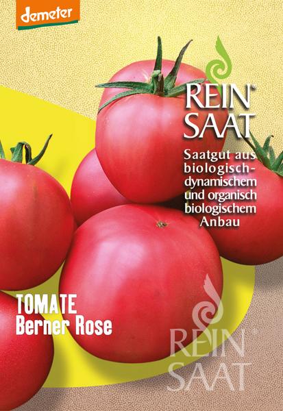 Samenpaket für Reinsaat - Tomate 'Berner Rose' zeigt große rosarote Tomaten, auf Deutsch als Samen für biologisch und ökologisch angebaute Tomaten gekennzeichnet.