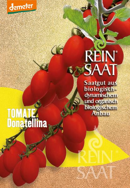 Auf einer Saatgutpackung von Reinsaat für Tomate 'Donatellina' sind auf gelb-grünem Hintergrund kleine rote Datteltomatenbüschel zu sehen, die als biologisch und biodynamisch mit Tomatenmosaikvirus-Resistenz gekennzeichnet sind.