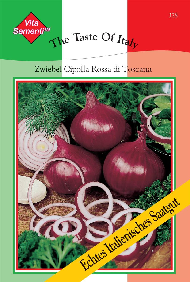 Eine Thompson&Morgan Samenpackung für Zwiebel 'Cipolla Rossa di Toscana' zeigt ganze und in Scheiben geschnittene rote Zwiebeln mit den Farben der italienischen Flagge, frischen Kräutern und ist ideal für die Lagerung im Herbst und Winter.