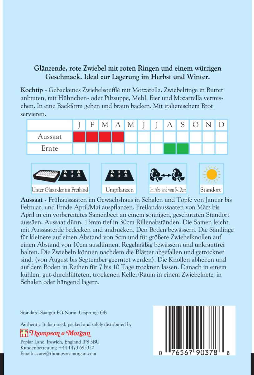 Eine Thompson&Morgan Samenpackung für Zwiebel 'Cipolla Rossa di Toscana' zeigt Aussaat-/Erntemonate, Pflanztipps, Serviervorschläge und einen Barcode auf Blau. Icons/Kalender zeigen die besten Zeiten an; Notizen heben würziger Geschmack und Lagerung Herbst Winter hervor.