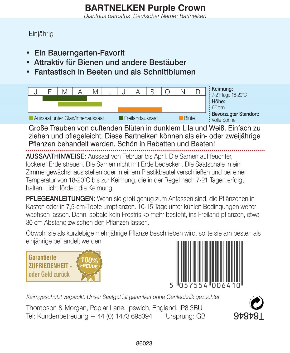 Samenpaket für Bartnelken Purple Crown von Thompson und Morgan, mit einem dunkelvioletten Bartnelke, mit Pflanzkalender, deutscher Anleitung, Blütenbeschreibung, Aussaatzeiten, Pflanzendetails und Pflegetipps für Gärtner.