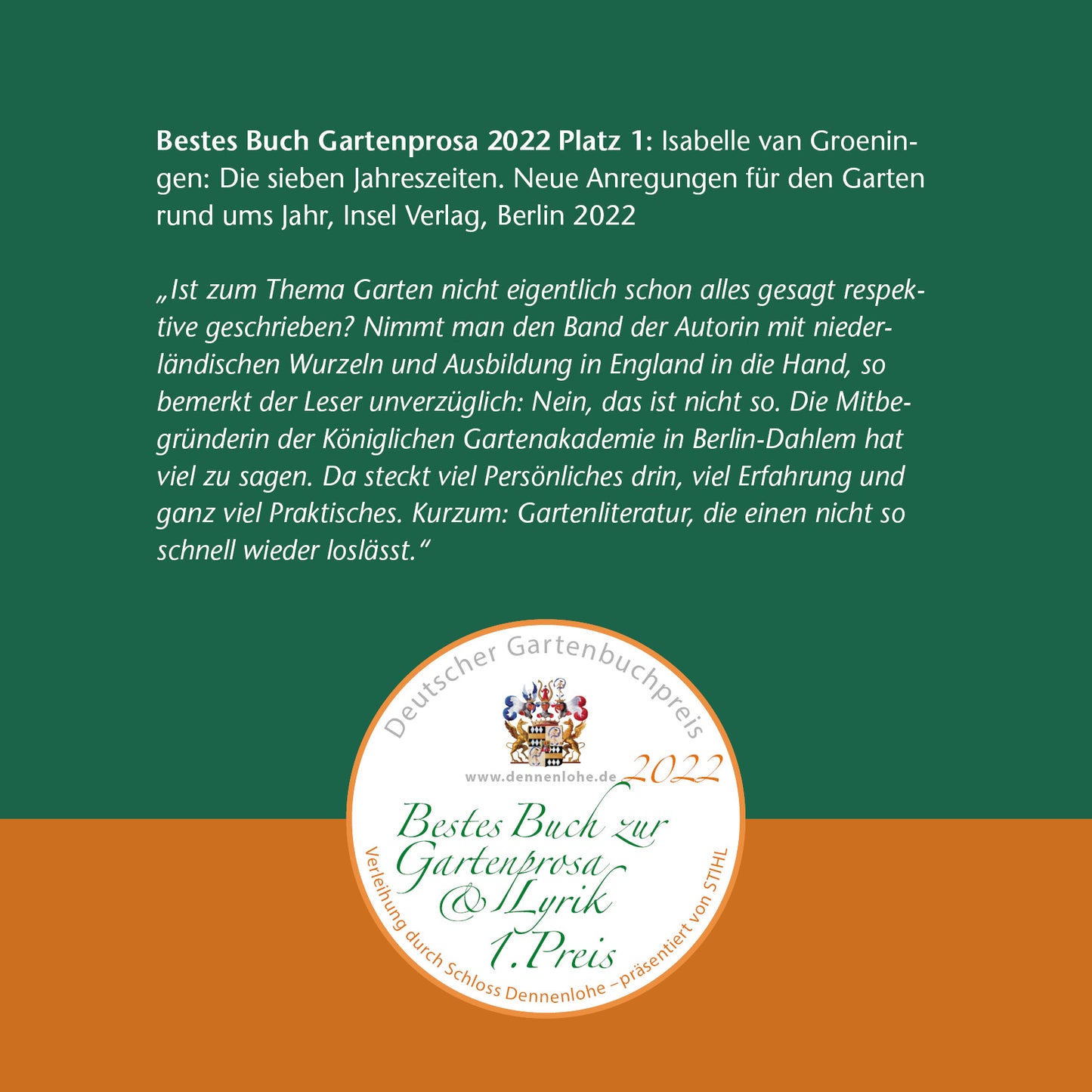 Eine Preisgrafik zeigt eine Rezension von "Die Sieben Jahreszeiten" von Isabelle Van Groeningen aus dem Jahr 2022, mit dem Siegel des Deutschen Gartenbuchpreises, den Farben Grün/Weiß/Orange und einem deutschen Text über das Buch und die Auszeichnung.