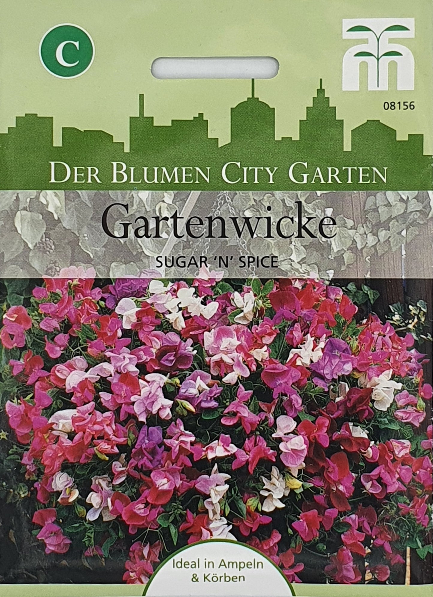 Ein Päckchen mit Thompson und Morgan Gartenwicke Sugar 'n' Spice-Samen mit rosa, violetten und weißen Blüten. Ihr süßer Duft ist perfekt für Körbe und Behälter.
