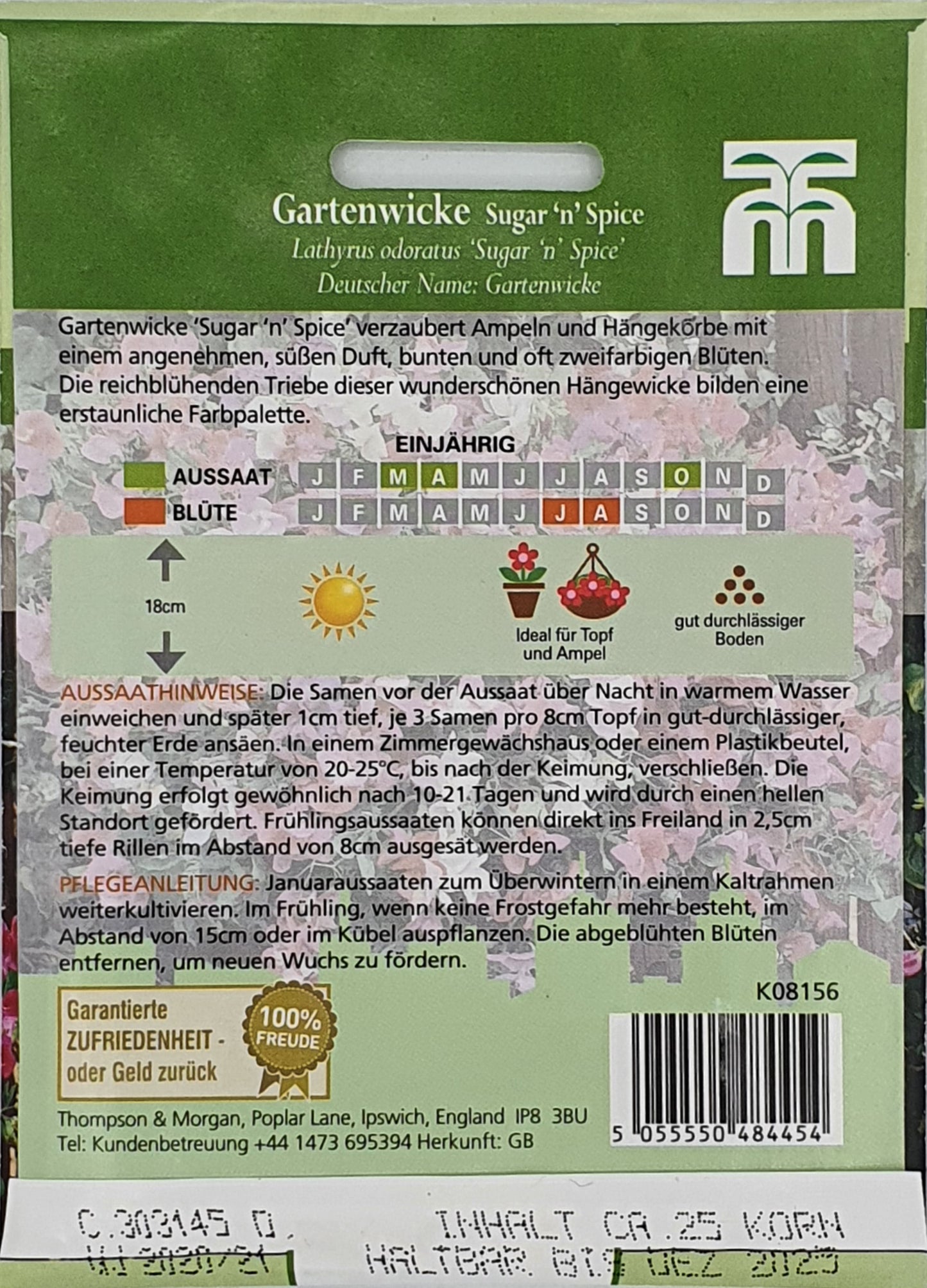 Samenpaket für Gartenwicke Sugar 'n' Spice von Thompson und Morgan, mit zweifarbigen Blüten, Pflanz- & Blühzeiten-Tabelle, Pflegehinweisen auf Deutsch und Icons zu süßem Duft, Pflanzung, Höhe und Sonnenbedarf.