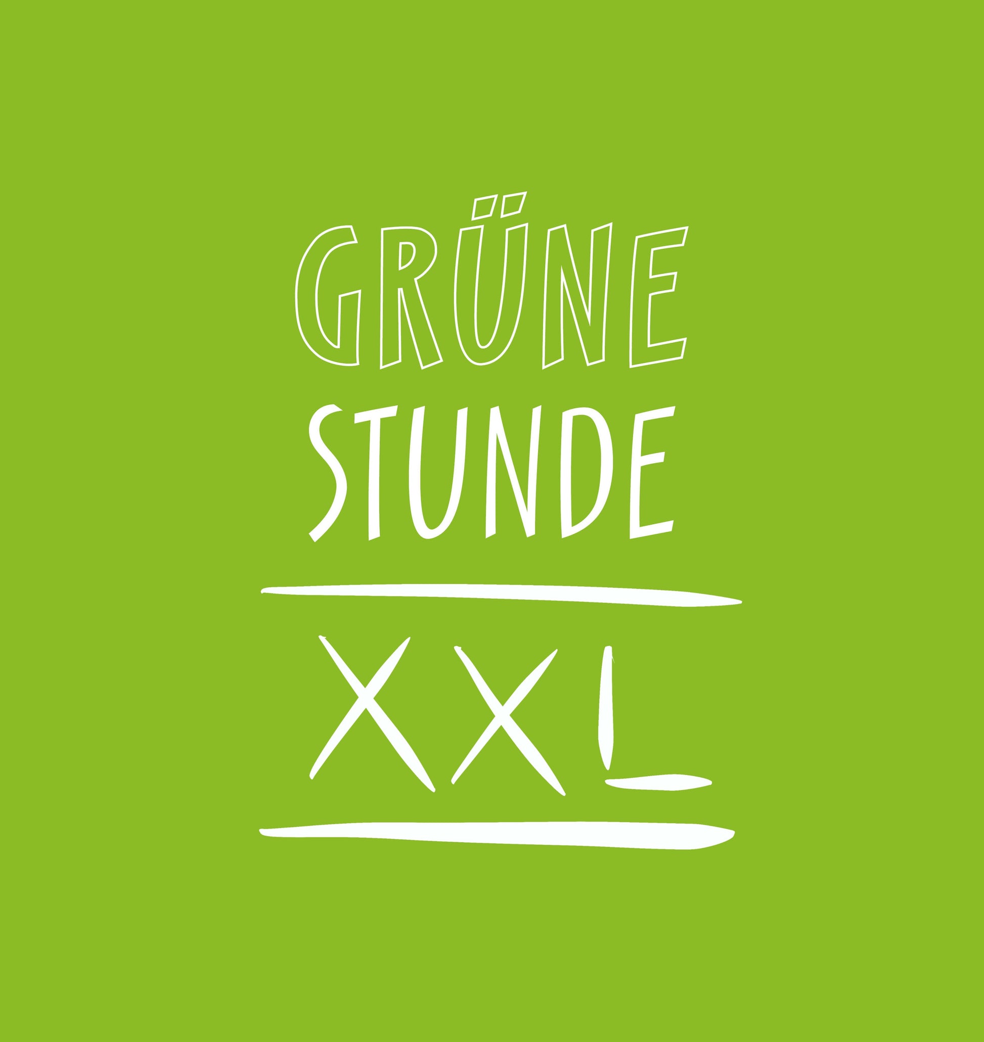 Der leuchtend grüne, verspielte handgezeichnete Schriftzug „XXL“ auf der 1 x Grüne Stunde XXL (90 Minuten) der Königlichen Gartenakademie zeigt zweimal unterstrichen „XXL“ und vermittelt so gärtnerisches Fachwissen und ein Gefühl von frischer Bepflanzung.