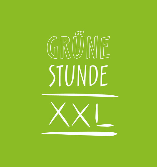 Der leuchtend grüne, verspielte handgezeichnete Schriftzug „XXL“ auf der 1 x Grüne Stunde XXL (90 Minuten) der Königlichen Gartenakademie zeigt zweimal unterstrichen „XXL“ und vermittelt so gärtnerisches Fachwissen und ein Gefühl von frischer Bepflanzung.