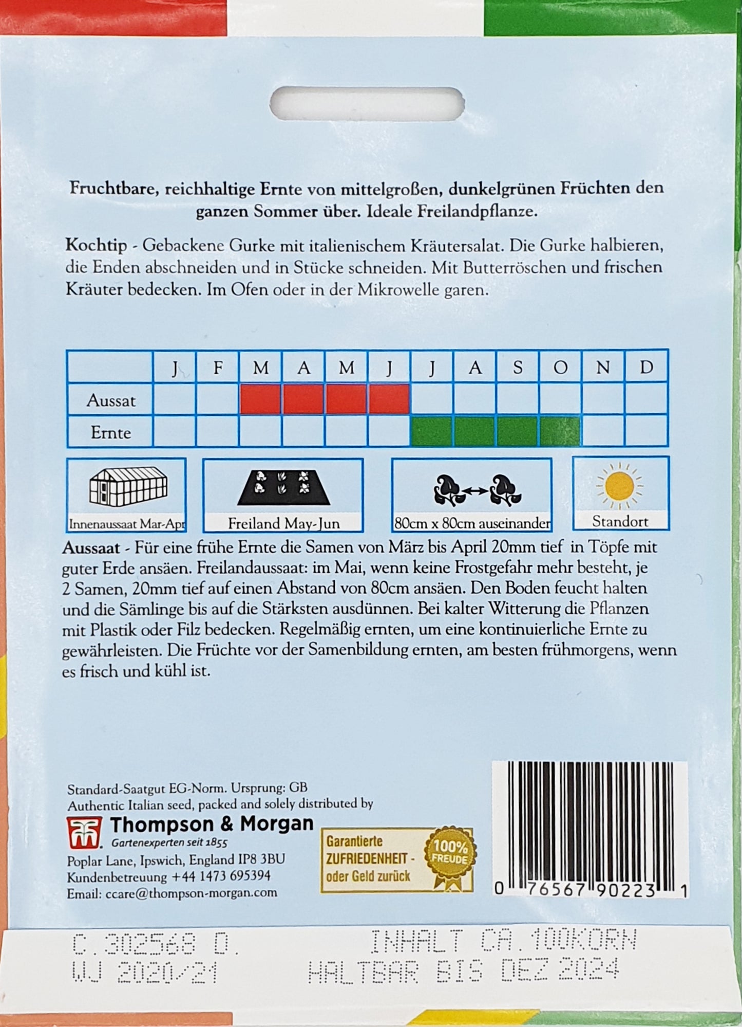 Rückseite einer Saatgutpackung für Gurke Cetriolo Marketer von Thompson und Morgan, mit deutscher Aussaatanleitung, Aussaat-/Erntekalender, Barcode und Abbildungen für Tiefe, Reihenabstand sowie Symbole für Aussaat- und Erntemonate.