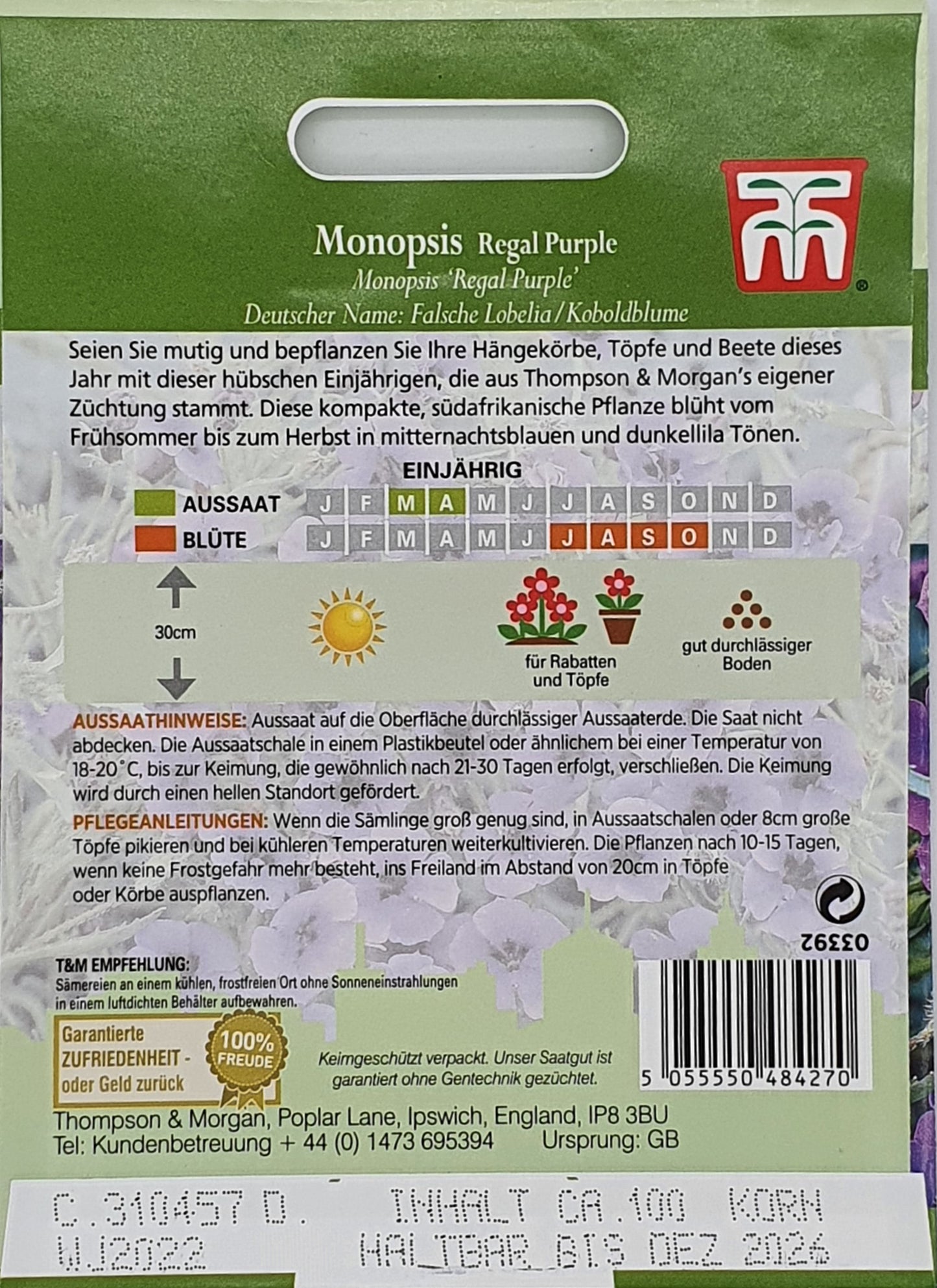 Rückseite einer Koboldblume (Monopsis) Regal Purple Samenpackung auf Deutsch mit Aussaatanleitung, Pflanzkalender, Pflegetipps und Barcode. Die einjährige Pflanze von Thompson und Morgan eignet sich ideal für Hängekörbe und hat mitternachtsblaue Blüten.