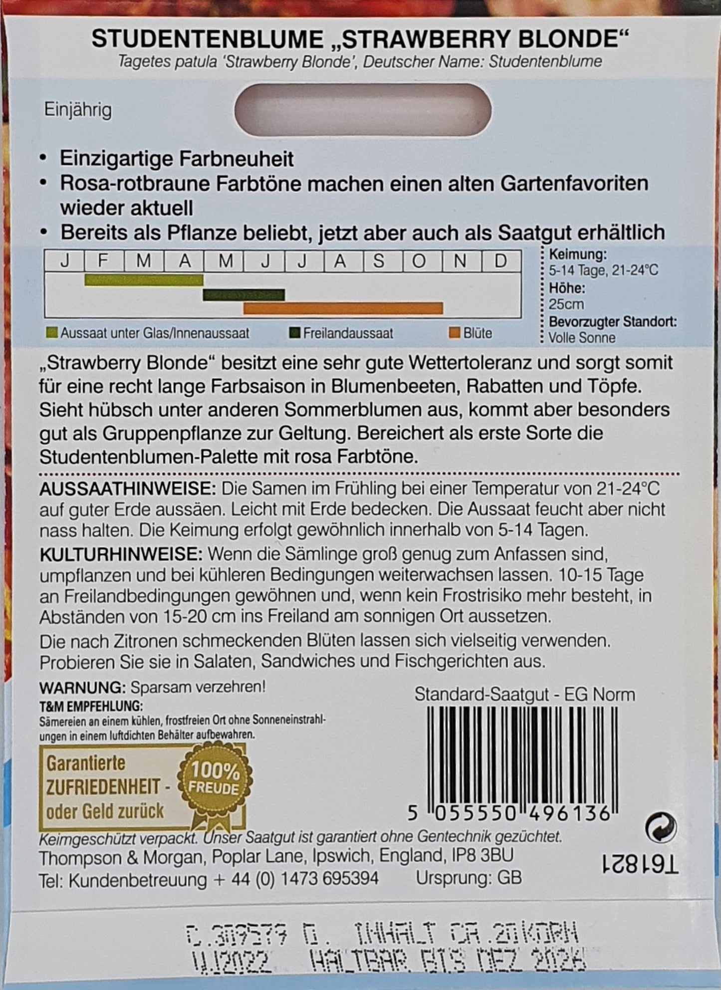 Saatgut für Tagetes (Studentenblume) Strawberry Blonde von Thompson und Morgan mit deutschen Anbautipps, Aussaatkalender und Pflegehinweisen. Die Verpackung hebt die besondere erdbeerblonde Blüte hervor.