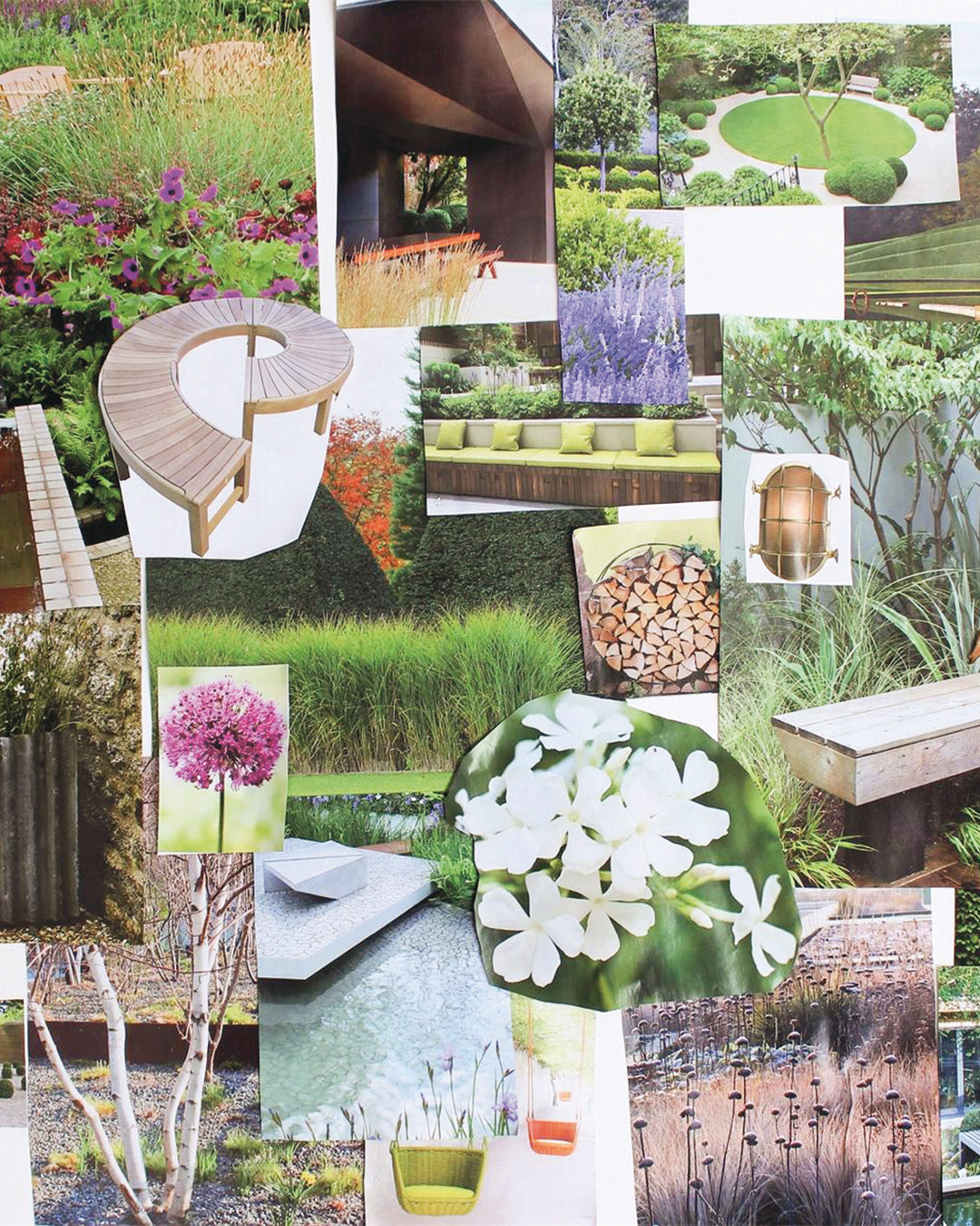 Eine Collage aus saftigen Rasenflächen, Bänken und blühenden Gärten - die ideale Inspiration für die Königliche Gartenakademie MASTER CLASS "Gestalten Sie Ihren eigenen Garten - Gärten bis 3000 qm", die vom 24.03. 24.03.-Do. 26.03.2026, 10:00-16:30.