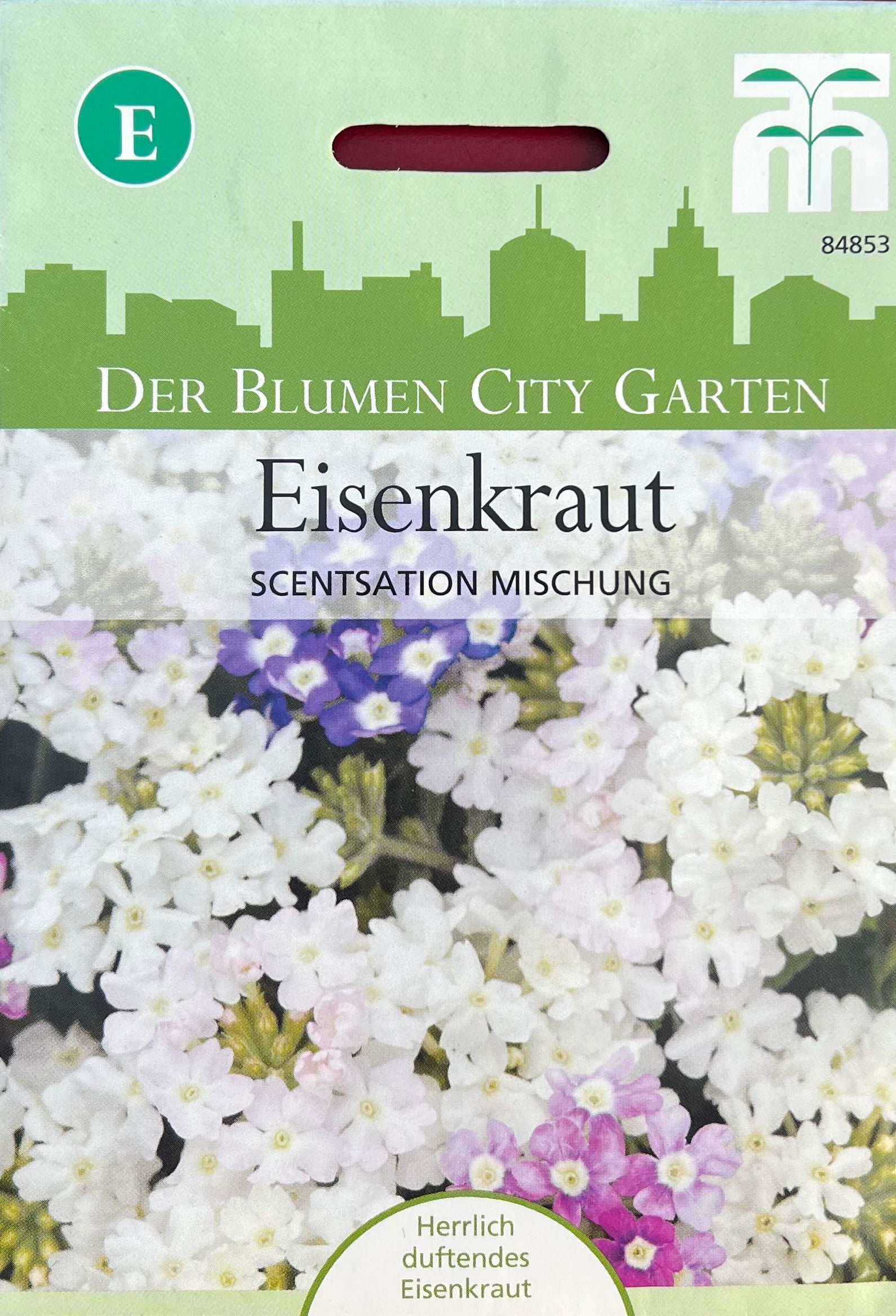 Saatgutpackung für Thompson & Morgan | Eisenkraut Scentsation Mischung von Thompson und Morgan mit weißen, rosa und violetten Blütentrauben und grüner Stadtsilhouette an der Spitze.