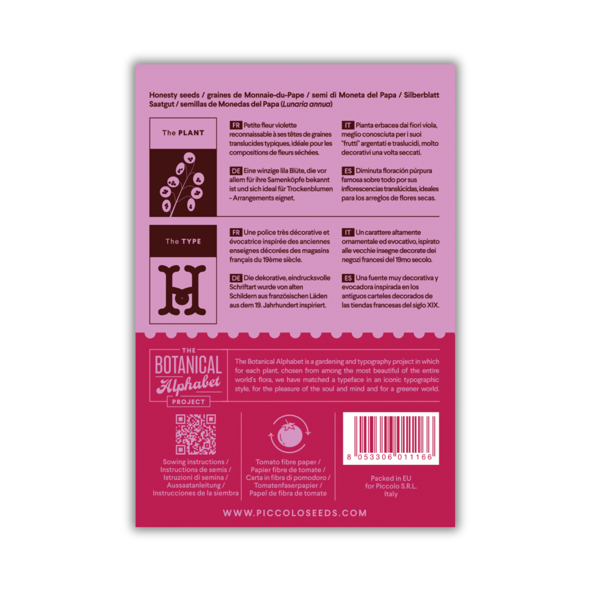 Die Rückseite der Piccolo Seeds - H - Ehrlichkeit-Packung enthält Pflanzhinweise, Sameninformationen und mehrsprachige Informationen. Mit Symbolen, Barcode und Markenlogo für Piccolo Seeds. Der rosa-violette Hintergrund hebt kleine lila Blüten hervor.