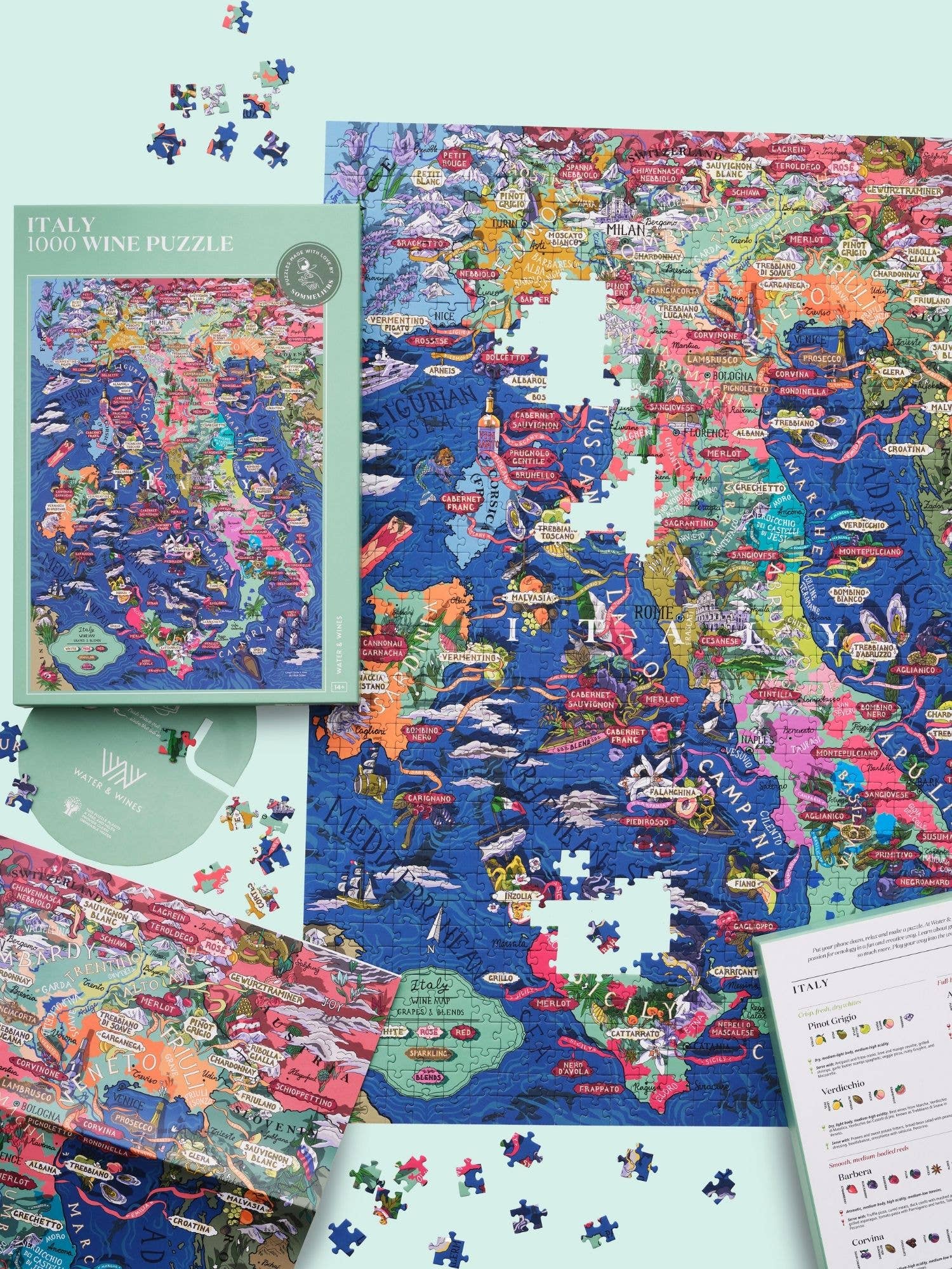 Das Water & Wines - Wein Puzzle - Italien von Water & Wines zeigt italienische Weinregionen und Rebsorten, teilweise zusammengesetzt auf einer blauen Fläche. Die Schachtel, der Führer, die Karte und die losen Teile sind rund um das Puzzle sichtbar.