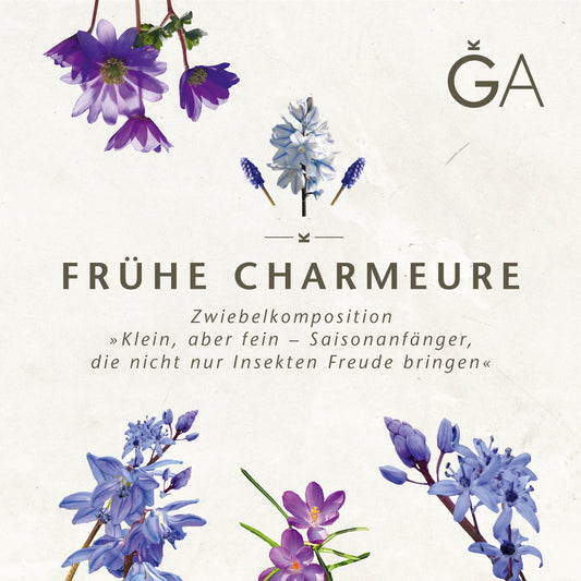 Die "Frühe Charmeure: Klein, aber fein - Saisonanfänger, die nicht nur Insekten Freude bringen" von Königliche Gartenakademie ist ein Arrangement aus kleinen lila und blauen Frühlingsblumen wie Tulpen und Narzissen.