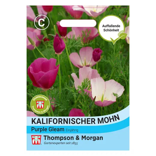 Saatgutpackung für Thompson&Morgan - Kalifornischer Mohn 'Purple Gleam' zeigt leuchtend rosa und weiße Blüten mit üppig grünem Laub und fängt die Schönheit dieser einzigartigen kalifornischen Mohnsorte ein.