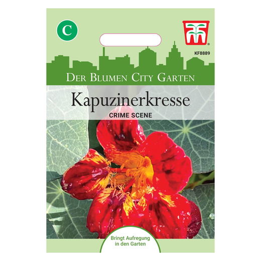 Eine Thompson & Morgan Kapuzinerkresse 'Crime Scene' Samenpackung zeigt eine rote Blume in der Mitte einer Stadtlandschaft mit dem Text "Crime Scene" darunter. Die grün-weiße Packung zeigt diese essbare Blüten-Beetpflanze von Thompson und Morgan.