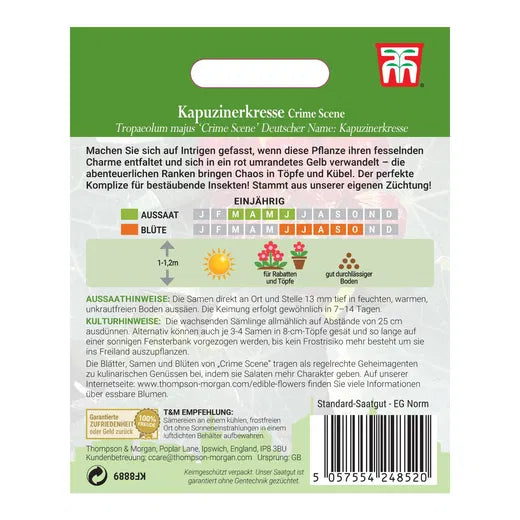 Rückseite einer Thompson und Morgan Kapuzinerkresse 'Crime Scene' Samenpackung mit Pflegehinweisen auf Deutsch, Aussaat- und Blühkalender sowie Infos zur essbaren Beetpflanze mit grünen, weißen und gelben Blüten.