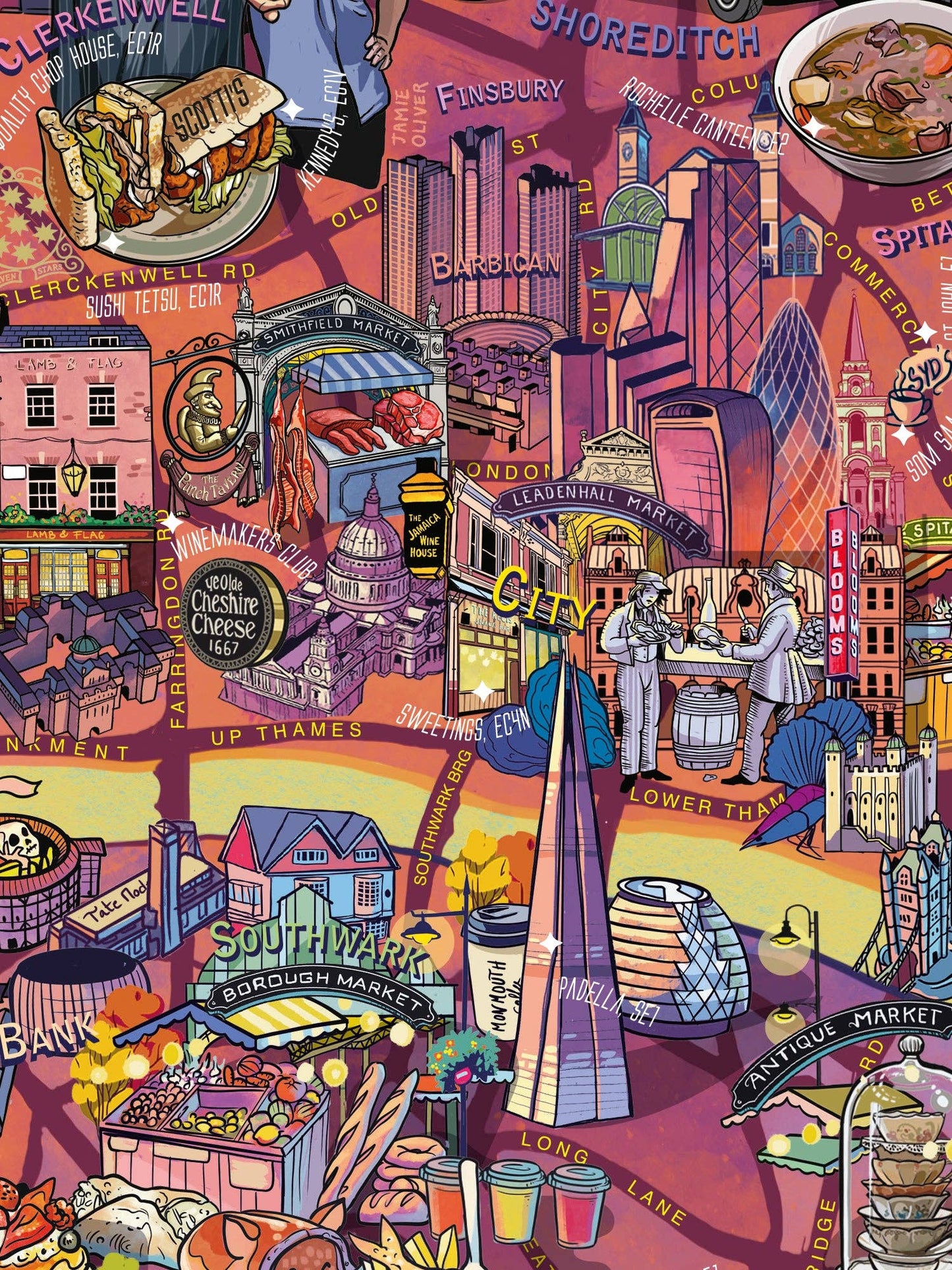 Entdecken Sie das Gourmet-Puzzle von Water & Wines - London: eine farbenfrohe, illustrierte Karte mit Wahrzeichen, Stadtteilen, Straßenmärkten und Gourmet-Hotspots auf einem lebendigen Hintergrund. Das perfekte Feinschmecker-Puzzle von Water & Wines!.