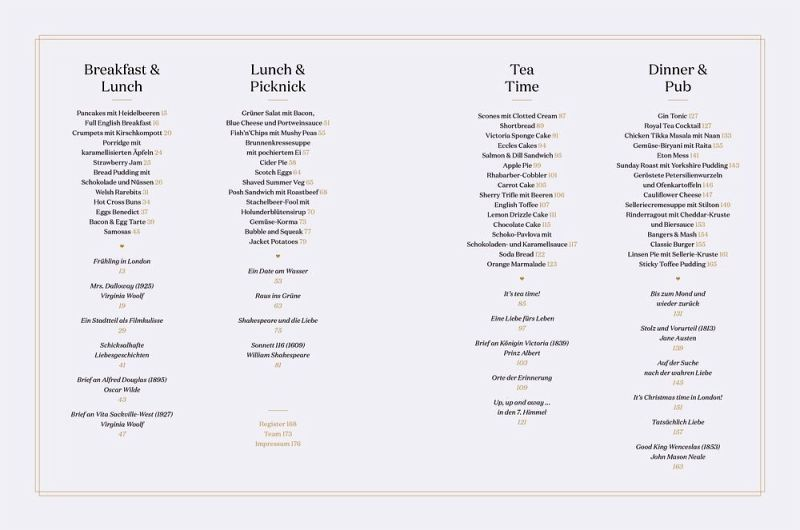 Die Speisekarte "London Lovestory" aus dem Hölker Verlag enthält in fünf Rubriken - Frühstück & Lunch, Lunch & Picknick, Tea Time und Dinner & Pub - deutsch-englische Speisen und Getränke sowie Preise aus der britischen Küche.