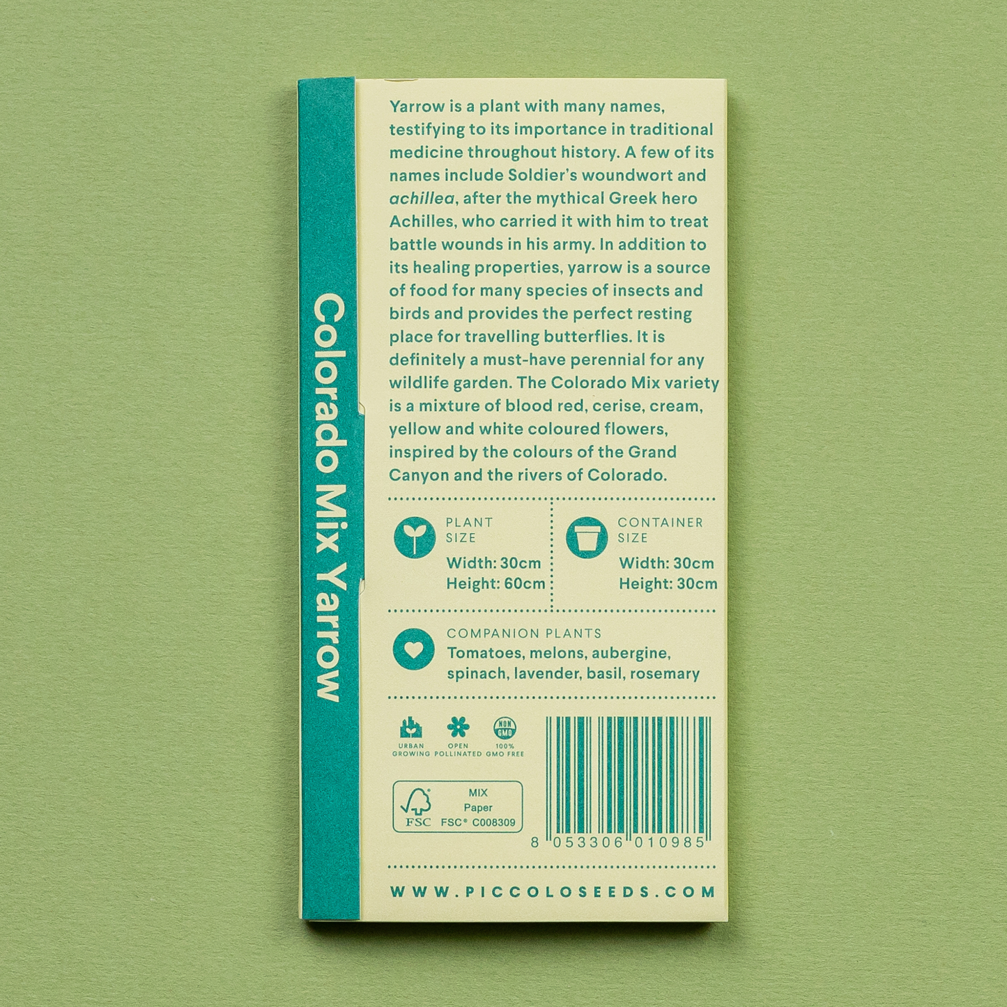 Eine Piccolo Seeds - Schafgarbe Colorado Mix Saatgutpackung auf grünem Hintergrund, mit Pflanzanweisungen, Informationen zu Containern, Begleitpflanzen, Tipps für Schmetterlingsgärten, einer Beschreibung der Schafgarbe und www.piccoloseeds.com am Ende.