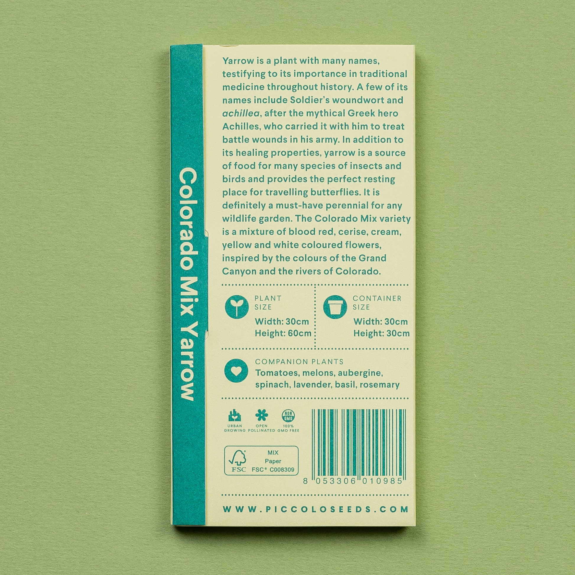 Eine Piccolo Seeds - Schafgarbe Colorado Mix Saatgutpackung auf grünem Hintergrund, mit Pflanzanweisungen, Informationen zu Containern, Begleitpflanzen, Tipps für Schmetterlingsgärten, einer Beschreibung der Schafgarbe und www.piccoloseeds.com am Ende.