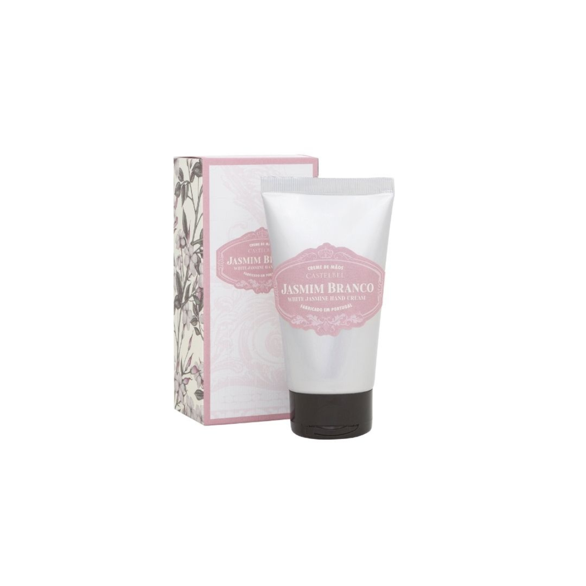 Eine Castelbel Handcreme | Jasmin 60 ml mit rosafarbenem Etikett steht vor der passenden blumig gemusterten Dose auf weißem Grund und spendet intensive Feuchtigkeitspflege und einen natürlichen Hauch von Eisenkrautduft.