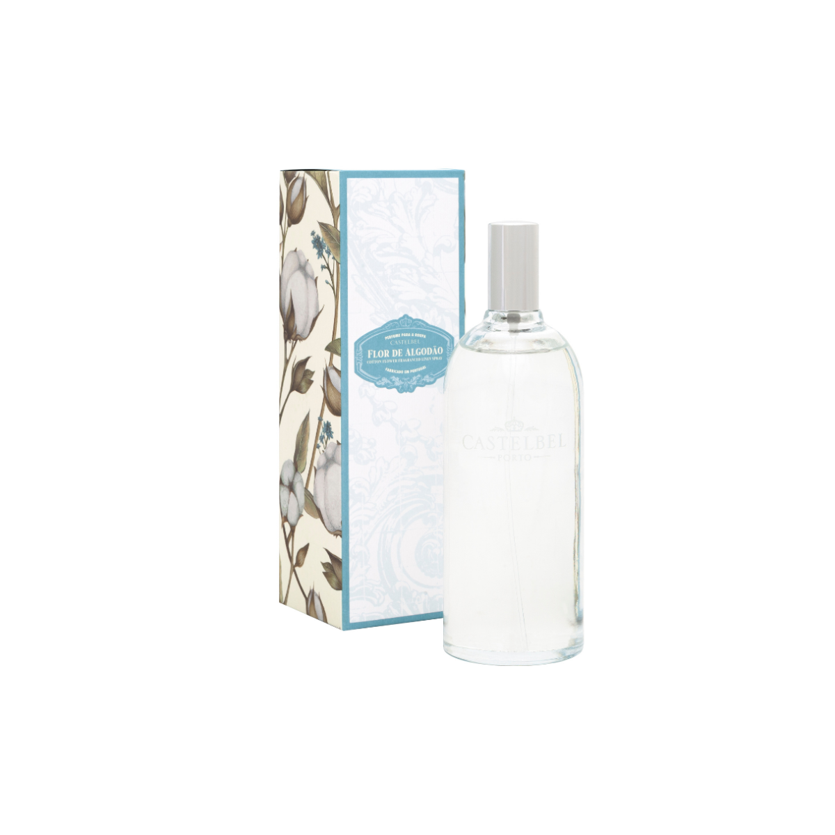 Ein klares Castelbel Raumspray | Wäschespray Cotton Flower 100 ml steht neben seiner blumigen Schachtel, die mit weißen und braunen Blüten und grünen Blättern verziert ist und den frischen Duft von Cotton Flower widerspiegelt.