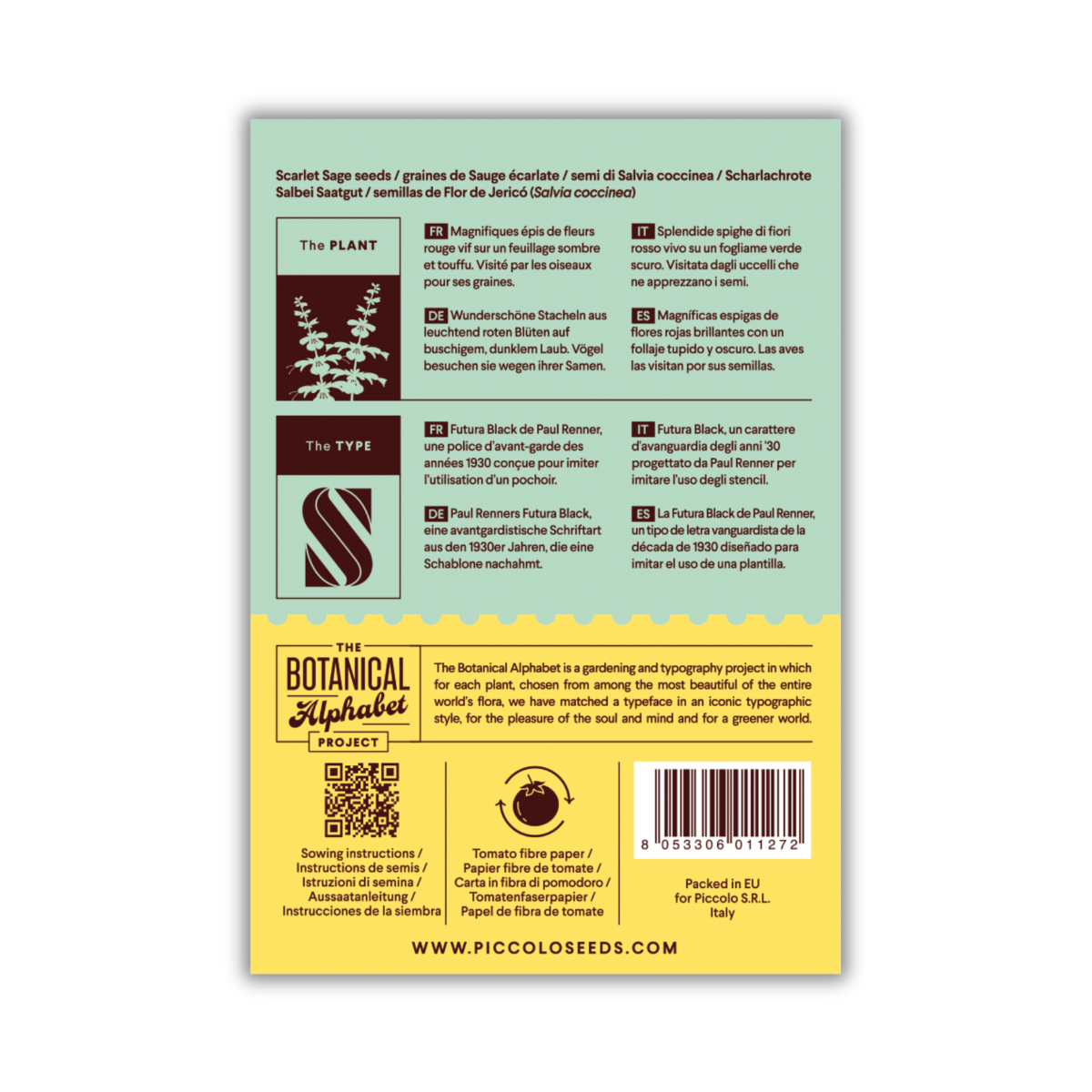 Rückseite einer Piccolo Seeds-Packung für S – Scharlachroter Salbei mit einer Pflanzenillustration, Pflanzhinweisen, einem großen dekorativen S und Produktdetails in Englisch und Deutsch auf gelbgrünem Hintergrund.