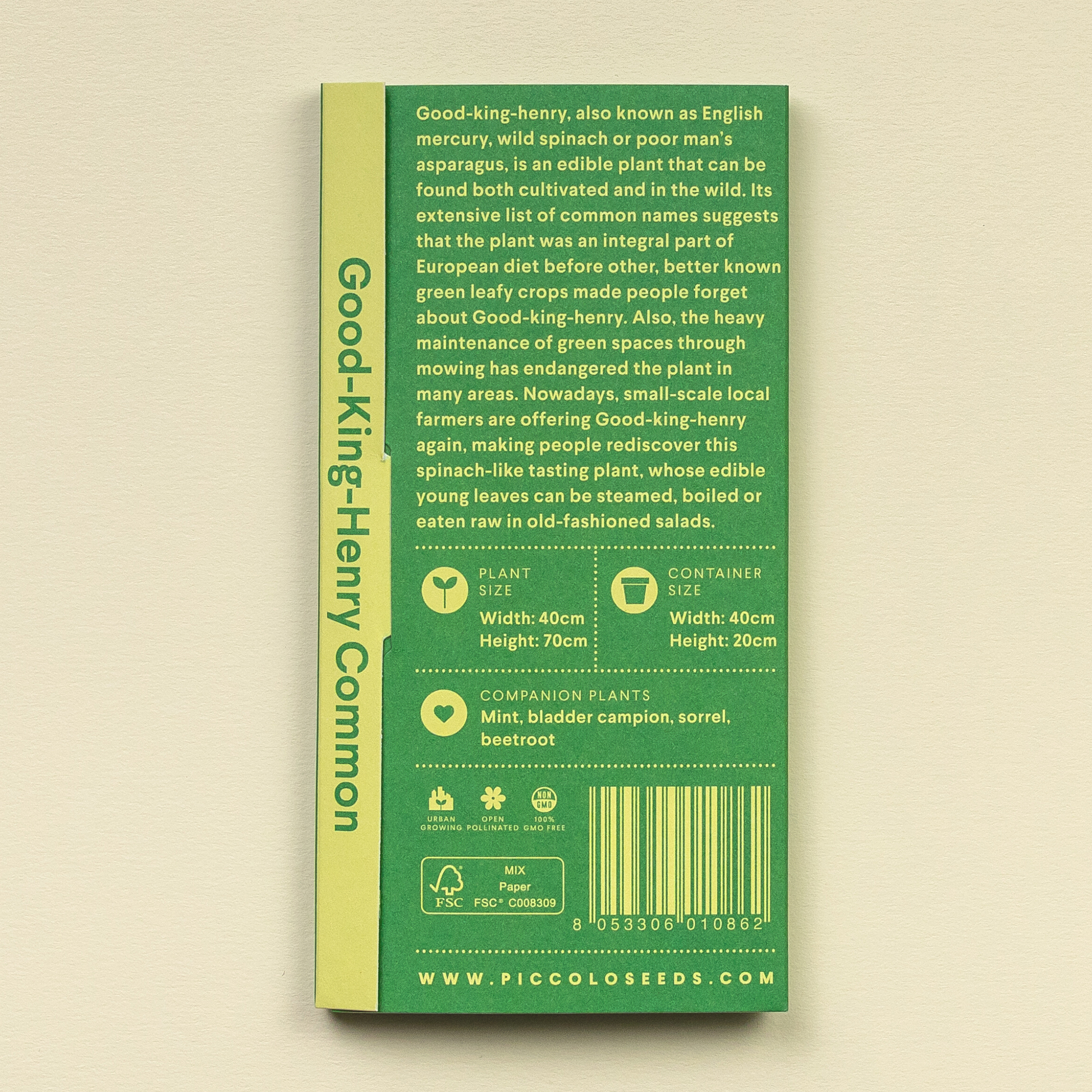 Eine grün gefärbte Packung Piccolo Seeds - Der gute König Henry Common von Piccolo Seeds enthält Informationen zum Anbau, Symbole für die Größe der Pflanzen/Gefäße, Begleitpflanzen, einen Strichcode und einen weißen Text, der die Verwendung und Anbautipps für diese essbare Pflanze hervorhebt.