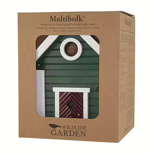 Ein grün-weißes Nistkasten & Futterhaus aus Holz in stilvollem Design von Wildlife Garden wird in einer braunen Multiholk-Verpackung präsentiert, deren Frontausschnitt das stilvolle skandinavische Vogelfutterhaus zeigt.