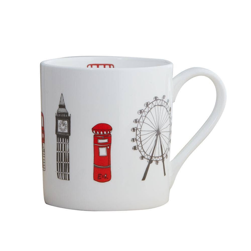Der Victoria Eggs - London Skyline Becher ist ein Becher aus feinem Knochenporzellan mit farbenfrohen, minimalistischen Illustrationen von Londoner Wahrzeichen – wie Big Ben, einem roten Briefkasten und dem London Eye – perfekt für jede britische Souvenirsammlung.