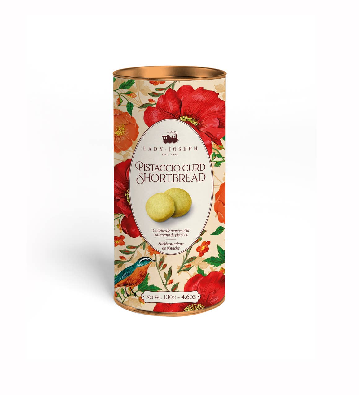 Eine zylindrische Dose Lady Joseph - Butterkekse mit Pistaziencreme, hergestellt mit natürlichen Zutaten, ist mit roten Blumen, grünen Blättern, einem bunten Vogel und zwei leckeren Butterkeksen auf dem Etikett verziert.