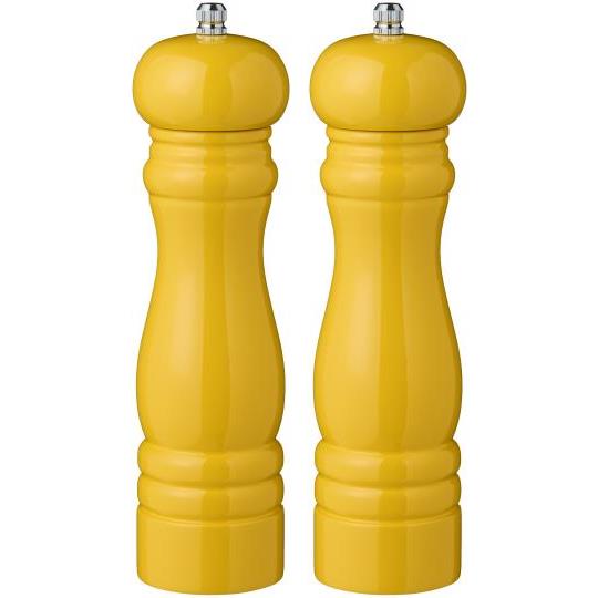 Zwei identische IB Laursen Salz & Pfeffermühle | 2 Stück Gelb mit gelber Hochglanzlackierung und silbernen Aufsätzen stehen nebeneinander auf weißem Hintergrund.