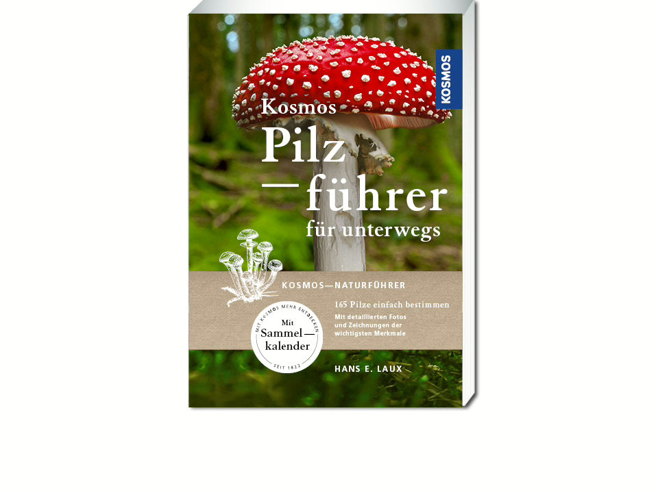 Buchcover des "Kosmos Pilzführer für unterwegs" vom Kosmos Verlag, zeigt einen rot-weißen Amanita muscaria Pilz in einem grünen Wald, mit Text und einer runden Plakette zur Pilzbestimmung - ideal für Pilzsuche und Pilzbestimmung.
