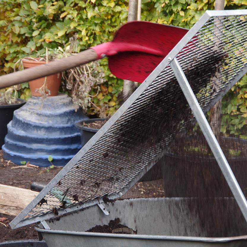 Eine Person mit einem roten Handschuh siebt Erde in einem Garten und bereitet sich auf den Mi. 04.03.2026 | 15.00-16.30 RUNDGANG "Was zu tun ist im Garten im März" der Königlichen Gartenakademie, mit üppigen Pflanzen im Hintergrund.