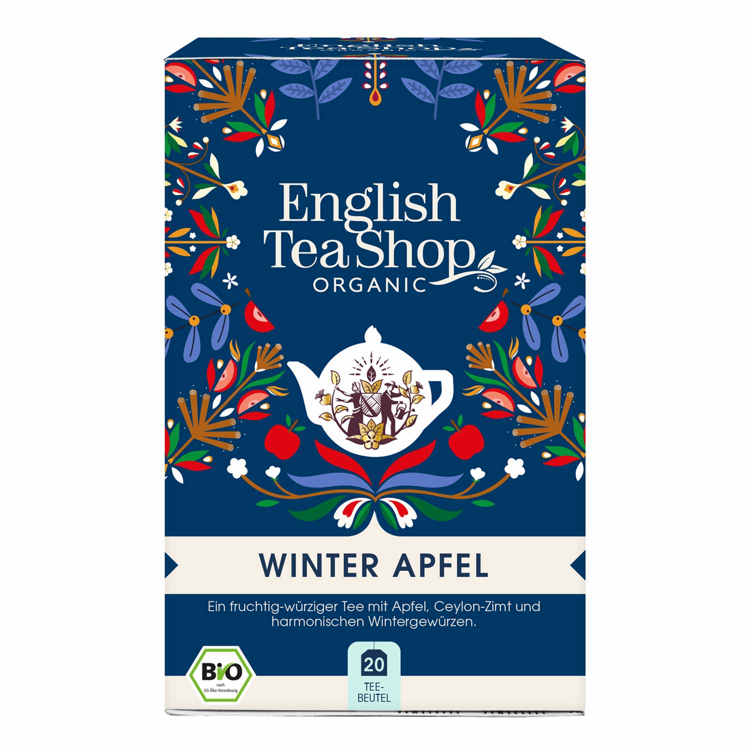 Schachtel English Tea Shop Wintertee 'Winter Apfel', BIO, 20 Teebeutel. Die dunkelblaue Schachtel zeigt Blumen- und Fruchtmuster, eine zentrale Teetasse und deutsche Details - ein leckerer Bio-Winterfrüchtetee von English Tea Shop.