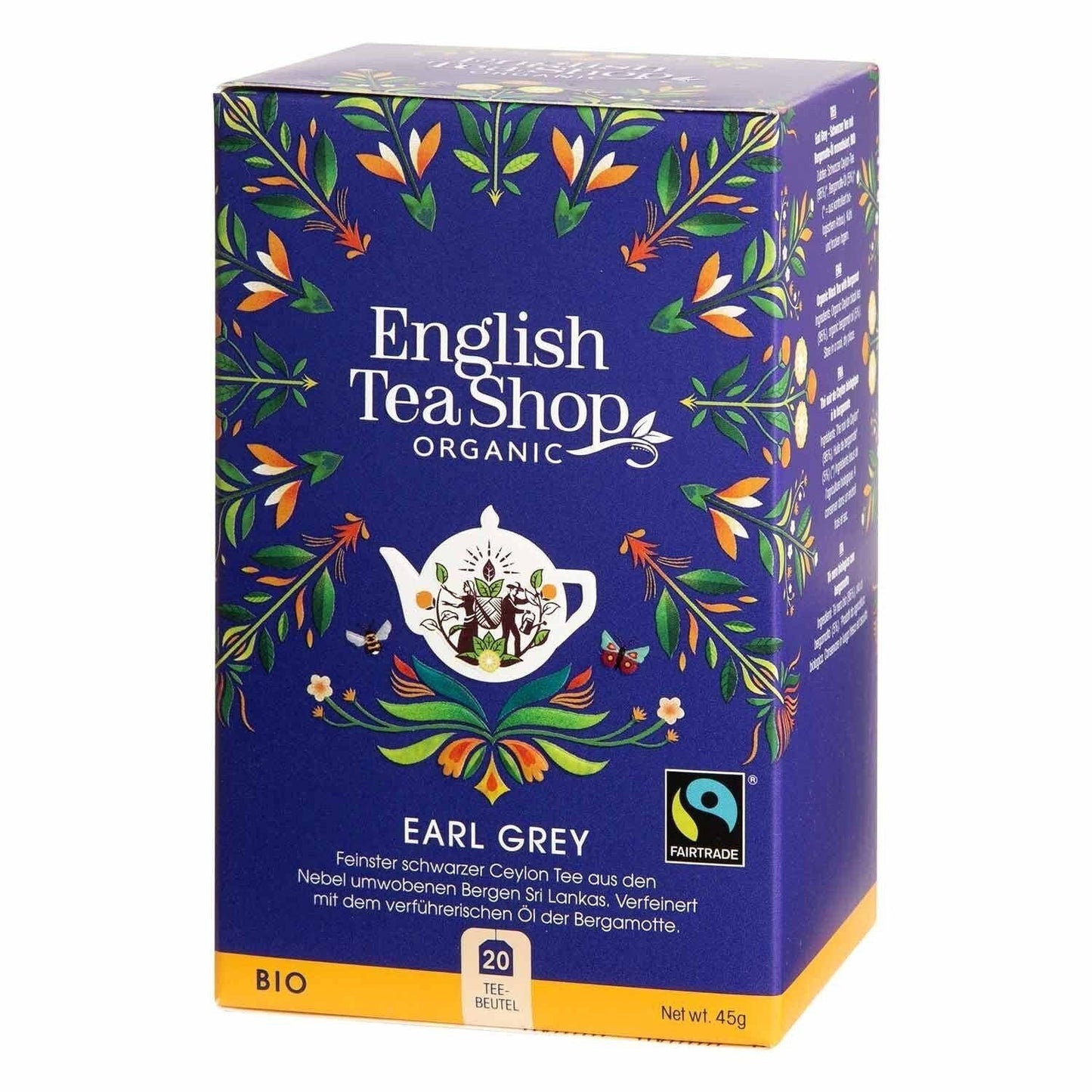 Eine blaue Schachtel English Tea Shop – Earl Grey, BIO Fairtrade (20 Teebeutel) zeigt farbenfrohe Blumenmuster, eine weiße Teekannenabbildung und zeigt Fairtrade- und Bio-Zertifizierungssiegel.