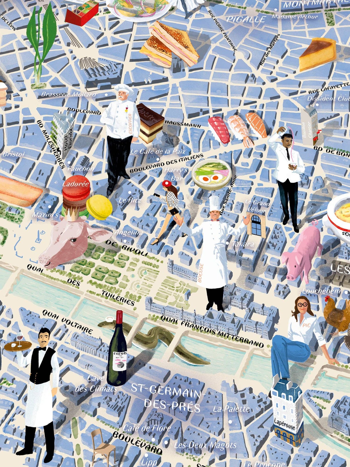 Entdecken Sie das Water & Wines - Gourmet-Puzzle - Paris, eine skurrile illustrierte Karte mit Köchen, Käse, Baguette, Wein und ikonischen Wahrzeichen - ein perfektes Geschenk für Feinschmecker und Fans der Pariser Küche.