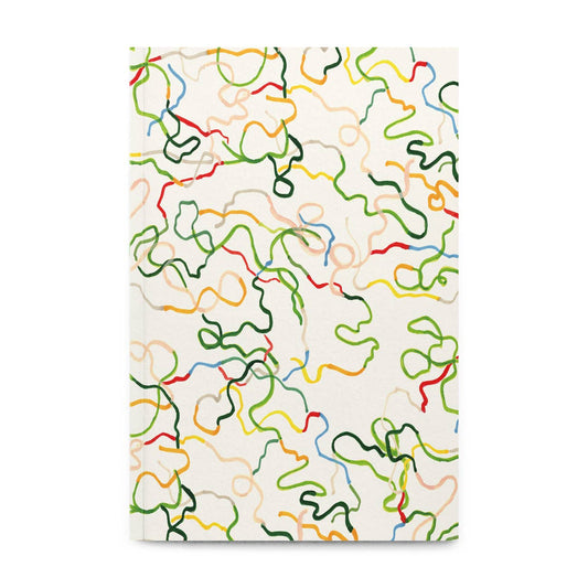 Das Petit Gramme - Großes Spiralbuch von Petit Gramme hat einen weißen Einband mit einem abstrakten, verspielten Muster aus Wellenlinien in Grün, Rot, Gelb, Orange und Blau.