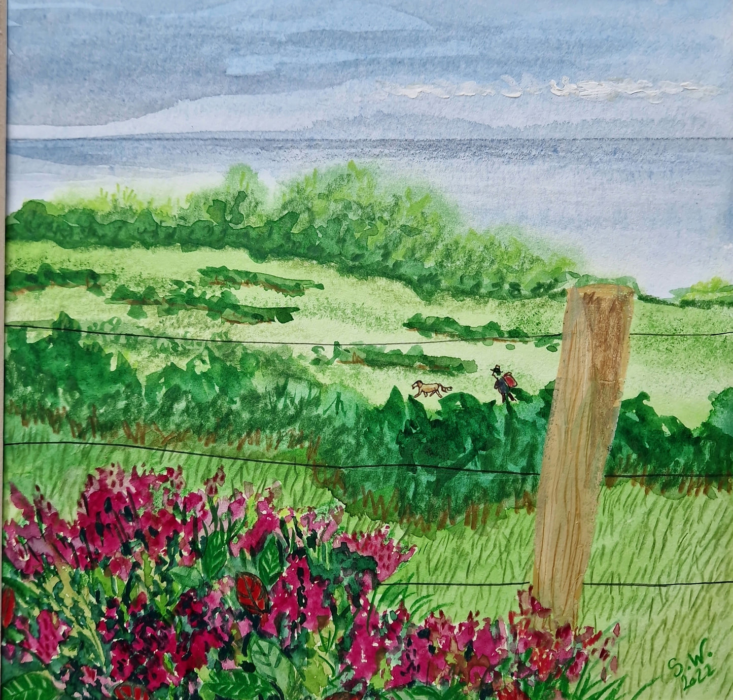 Stephanie Weppelmann's Fr. 30.01.2026 | 10.00-13.00 MIXED MEDIA-WORKSHOP Die atmosphärische Landschaft inspiriert mit einer Aquarellszene: grüne Büsche, rosa Blumen, ein Zaunpfahl, entferntes Grün und Figuren mit einem Hund unter einem blauen Himmel.