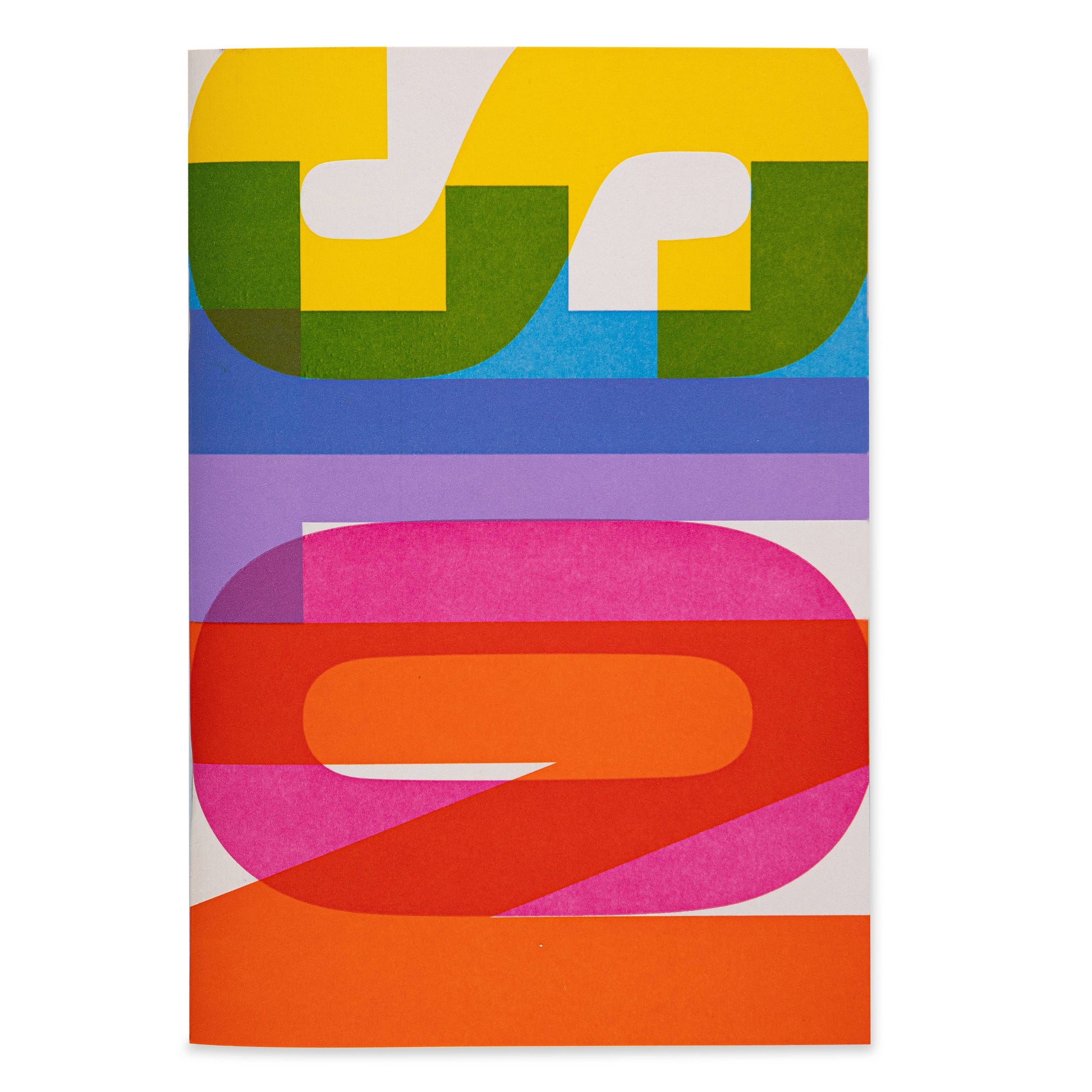 Die Notizen von Pressink Notizbücher von Archivist Gallery zeigen ein vom Buchdruck inspiriertes abstraktes Design mit sich überschneidenden geometrischen Formen und kräftigen Farben in horizontalen Streifen auf einem vertikalen rechteckigen Einband.